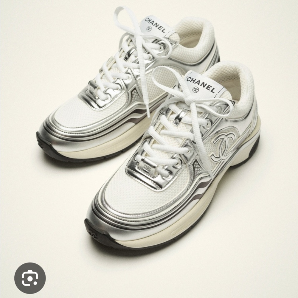 CHANEL Metallic Silver and Cream Sneakers